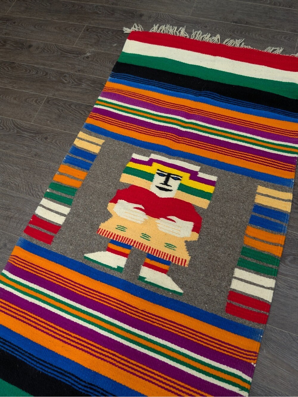 Vintage Hand Woven Wool Rug Mexican Peruvian Figural 56x28
